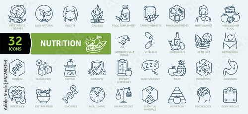  Nutrition and healthy eating icon pack. Collection of thin line icons that support digital navigationNutrition and healthy eating icon pack. Collection of thin line icons that support digital navigat