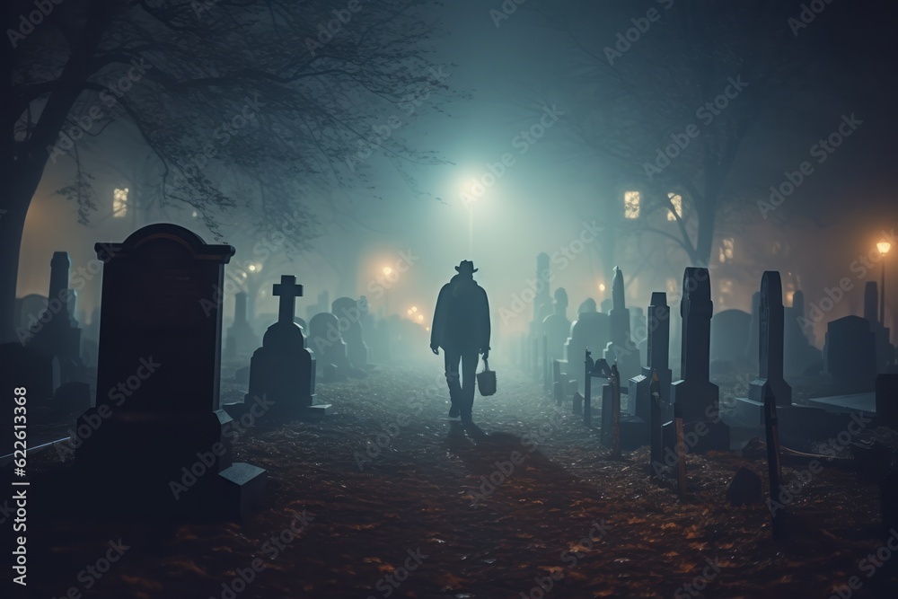 A zombie emerging from a fog-filled graveyard, with moonlight casting an eerie glow, adding a sense of mystery and dread to Halloween advertising. Generative Ai