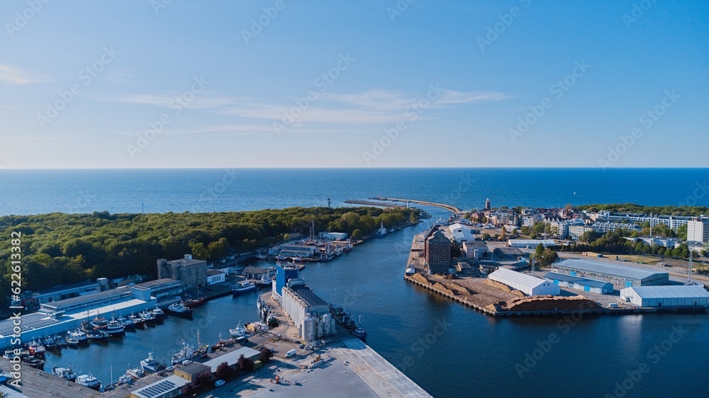 Aerial view of marine in Kolobrzeg, Poland. 05/30/2023.