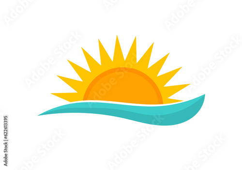 Sunset sun and sea wave summer icon illustration.