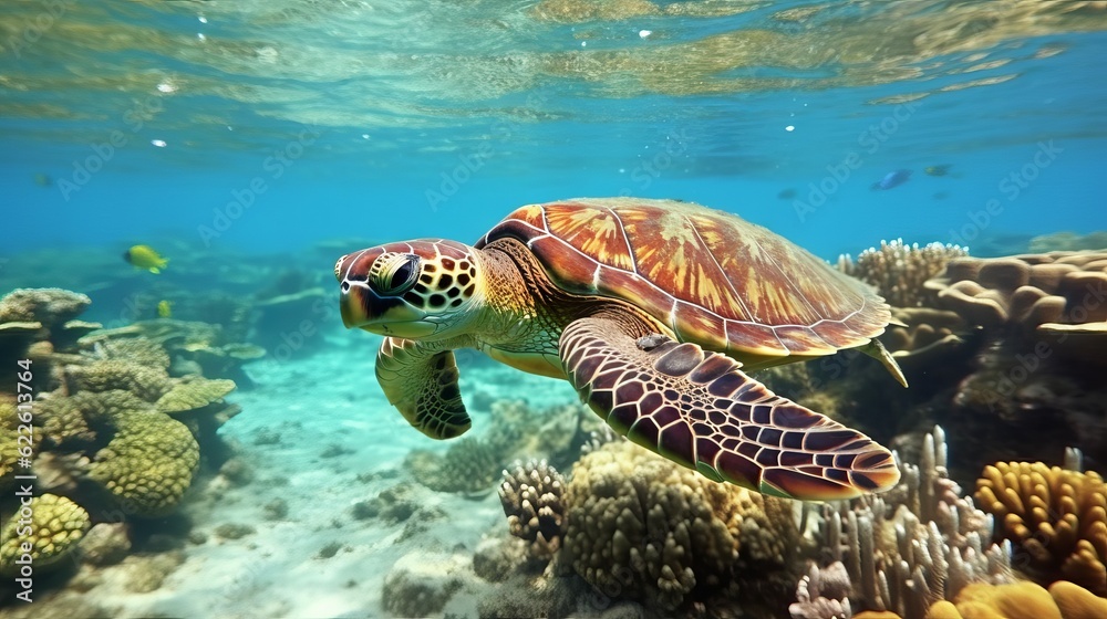 Fototapeta premium Sea turtle swimming in the ocean among colorful coral reef. Underwater world. Hawaiian Green sea turtle swimming in coral reef. Beautiful Underwater world. Marine life. 3d render illustration..