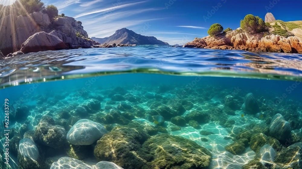 Underwater view of the rocks in the Mediterranean Sea. Beautiful seascape with turquoise sea water. Composition of nature. Beautiful seascape with crystal clear water. 3d render Underwater view of the rocks in the Mediterranean Sea. Beautiful seascape with turquoise sea water. Composition of nature. Beautiful seascape with crystal clear water. 3d render