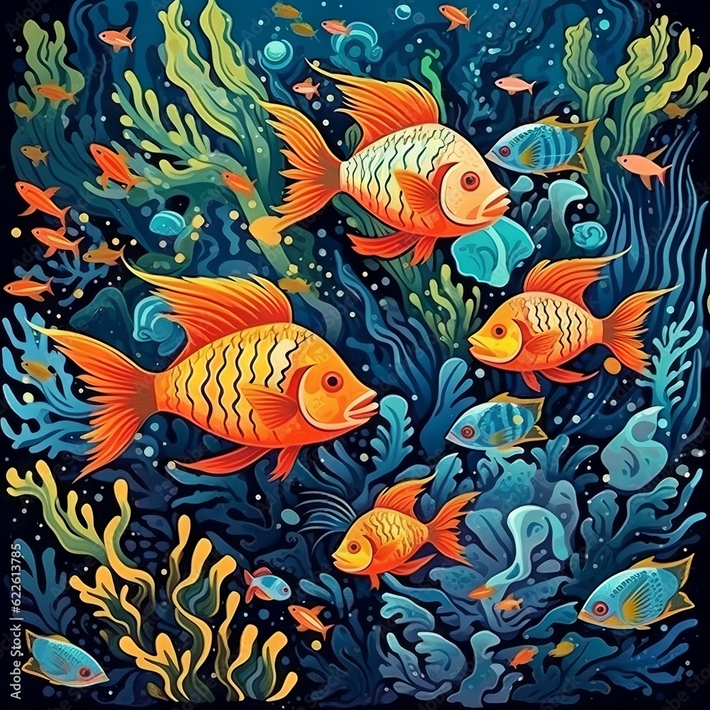 Colorful tropical fish on the background of the sea, vector illustration. Underwater world with fish and corals. Coral reef with fish. Colorful vector illustration with fish and algae.