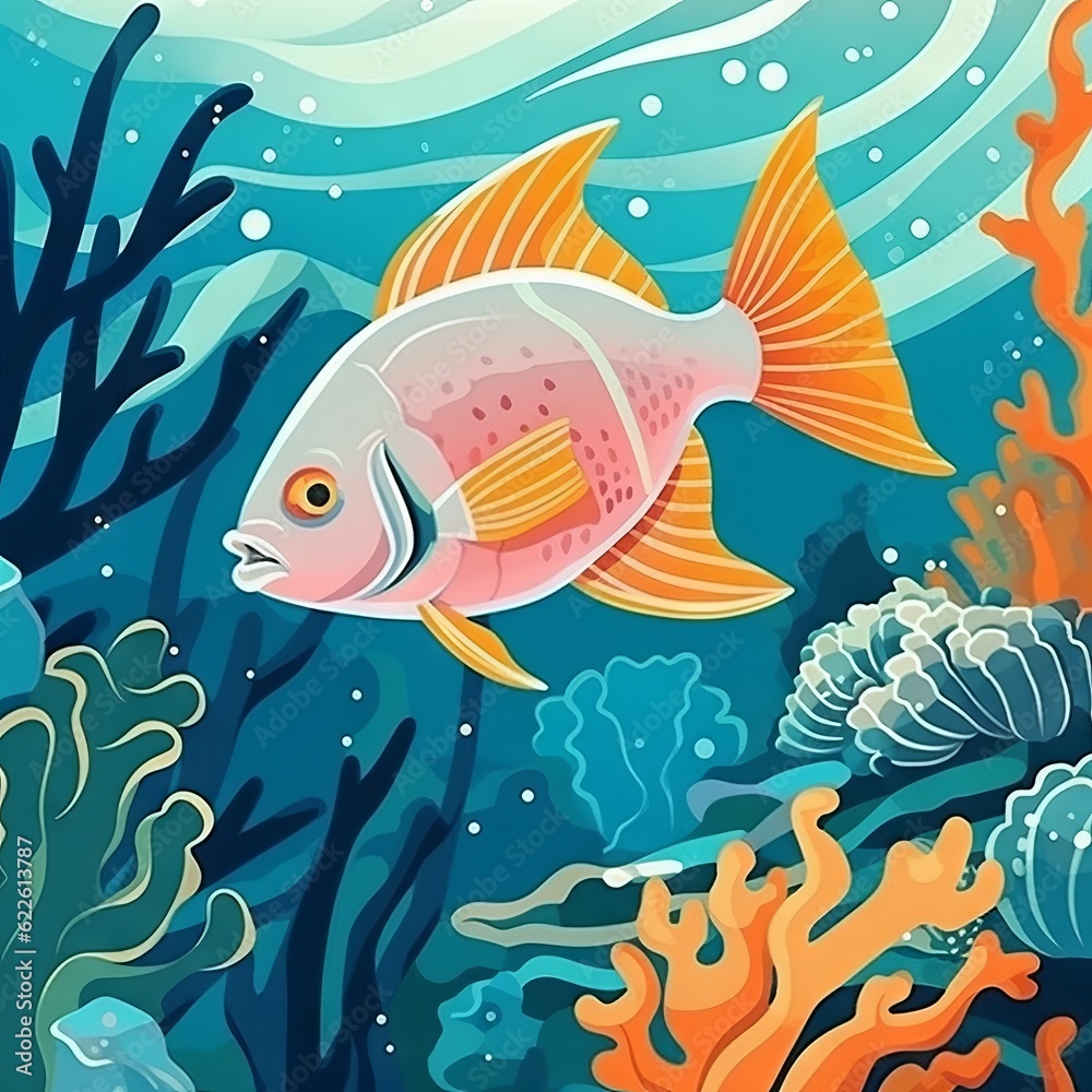 Colorful tropical fish on the background of the sea, vector illustration. Underwater world with fish and corals. Coral reef with fish. Colorful vector illustration with fish and algae. Colorful tropical fish on the background of the sea, vector illustration. Underwater world with fish and corals. Coral reef with fish. Colorful vector illustration with fish and algae.