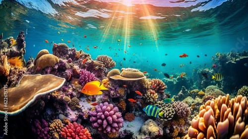 Beautiful coral reef with colorful tropical fish in the water. Vivid Underwater world with corals and tropical fish.