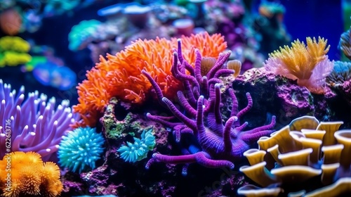 Fototapeta Naklejka Na Ścianę i Meble -  Colorful tropical coral reef with fish. Vivid multicolored corals in the sea aquarium. Beautiful Underwater world. Vibrant colors of coral reefs under bright neon purple light. AI generated 
