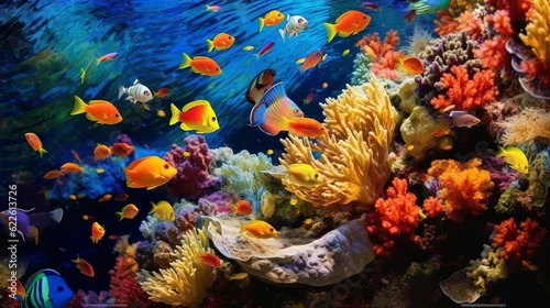Obraz Tropical fish and coral reef in the Red Sea. Egypt. Colorful tropical coral reef with fish.  Beautiful Underwater world. Vibrant colors of coral reefs under bright  light. AI generated illustration