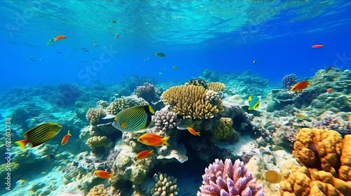 Obraz Beautiful coral reef with colorful tropical fish in the water.  Vivid Underwater world with corals and tropical fish.