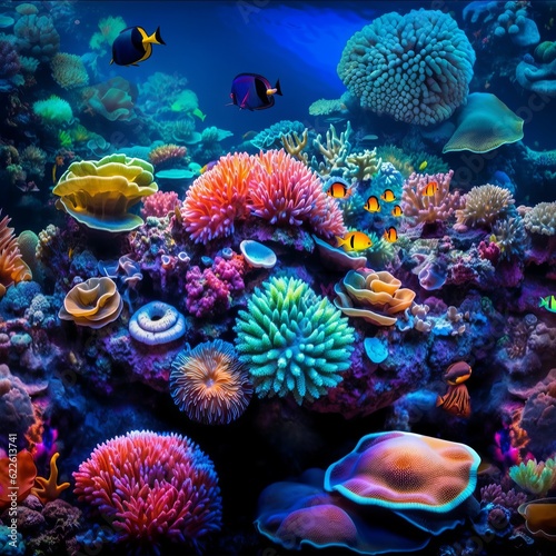 Colorful tropical coral reef with fish. Vivid multicolored corals in the sea aquarium. Beautiful Underwater world. Vibrant colors of coral reefs under bright neon purple light. 
