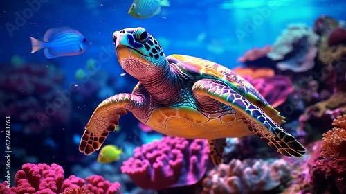 Obraz Sea turtle swimming in the ocean among colorful coral reef.  Underwater world. Hawaiian Green sea turtle swimming in coral reef.  Beautiful Underwater world. Marine life.  3d render illustration..