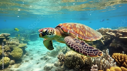 Sea turtle swimming in the ocean among colorful coral reef.  Underwater world. Hawaiian Green sea turtle swimming in coral reef.  Beautiful Underwater world. Marine life.  3d render illustration.. © Valua Vitaly
