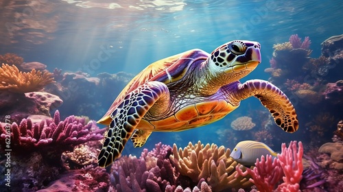 Sea turtle swimming in the ocean among colorful coral reef.  Underwater world. Hawaiian Green sea turtle swimming in coral reef.  Beautiful Underwater world. Marine life.  3d render illustration.. photo