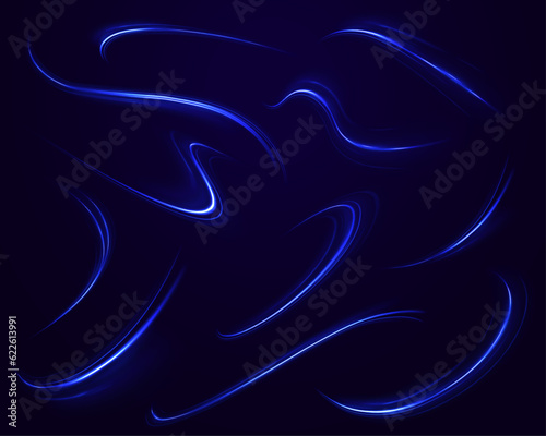 Neon swirl blue line light effect. Modern abstract high-speed light motion effect on black background. Vector laser beams.