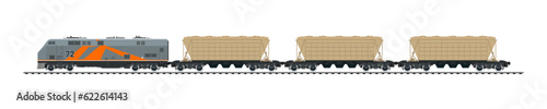 Railway freight wagons, locomotive with hopper cars for transportation freights , railway and container transport banner, overland transport, vector illustration photo