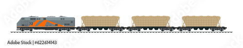 Railway freight wagons, locomotive with hopper cars for transportation freights , railway and container transport banner, overland transport, vector illustration
