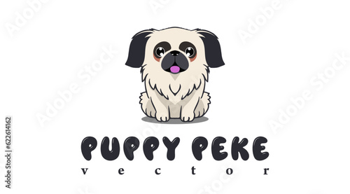 Vector logo or emblem. Little cute Pekingese dog. Peke puppy pet. White isolated background. Cartoon sticker or icon.