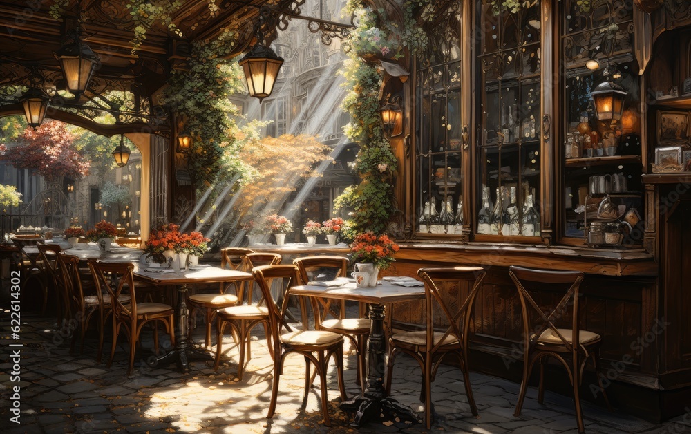 A restaurant in the morning with strong sunlight.
