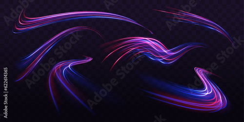 Light motion trails. Light and stripes moving fast over dark background. Laser beams luminous abstract sparkling. High speed effect motion blur, abstract flash perspective vector set on transparent ba