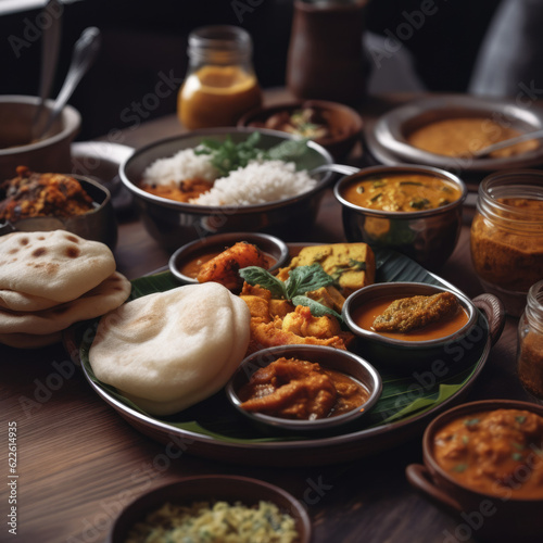 assorted indian curry and rice dishes shot 