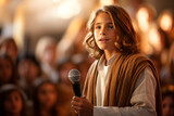 Young boy dressed as Jesus Christ teaching the holy scriptures to the audience with a microphone in hand Generative AI Illustration