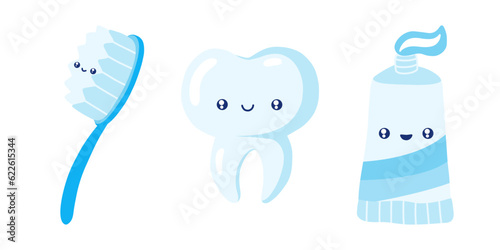 Tooth and brushbrush. Cute tooth cartoon character. Toothbrushing. Toothpaste cleaning. Healthy happy tooth. Stomalogical dentist character. Stock vector illustration isolated on a white background.
