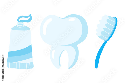 Tooth and brushbrush. Cute tooth cartoon character. Toothbrushing. Toothpaste cleaning. Healthy happy tooth. Stomalogical dentist character. Stock vector illustration isolated on a white background.