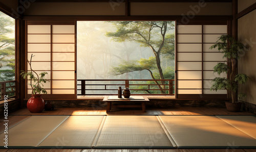 Empty traditional Japanese style room with tatami mat floor in sunlight from wood shoji