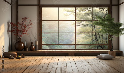 Empty traditional Japanese style room with tatami mat floor in sunlight from wood shoji