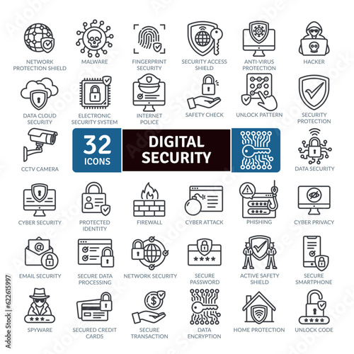  CyberSecurity and Safety Technology icons Pack Vector. Thin line icon collection. Outline web icon set