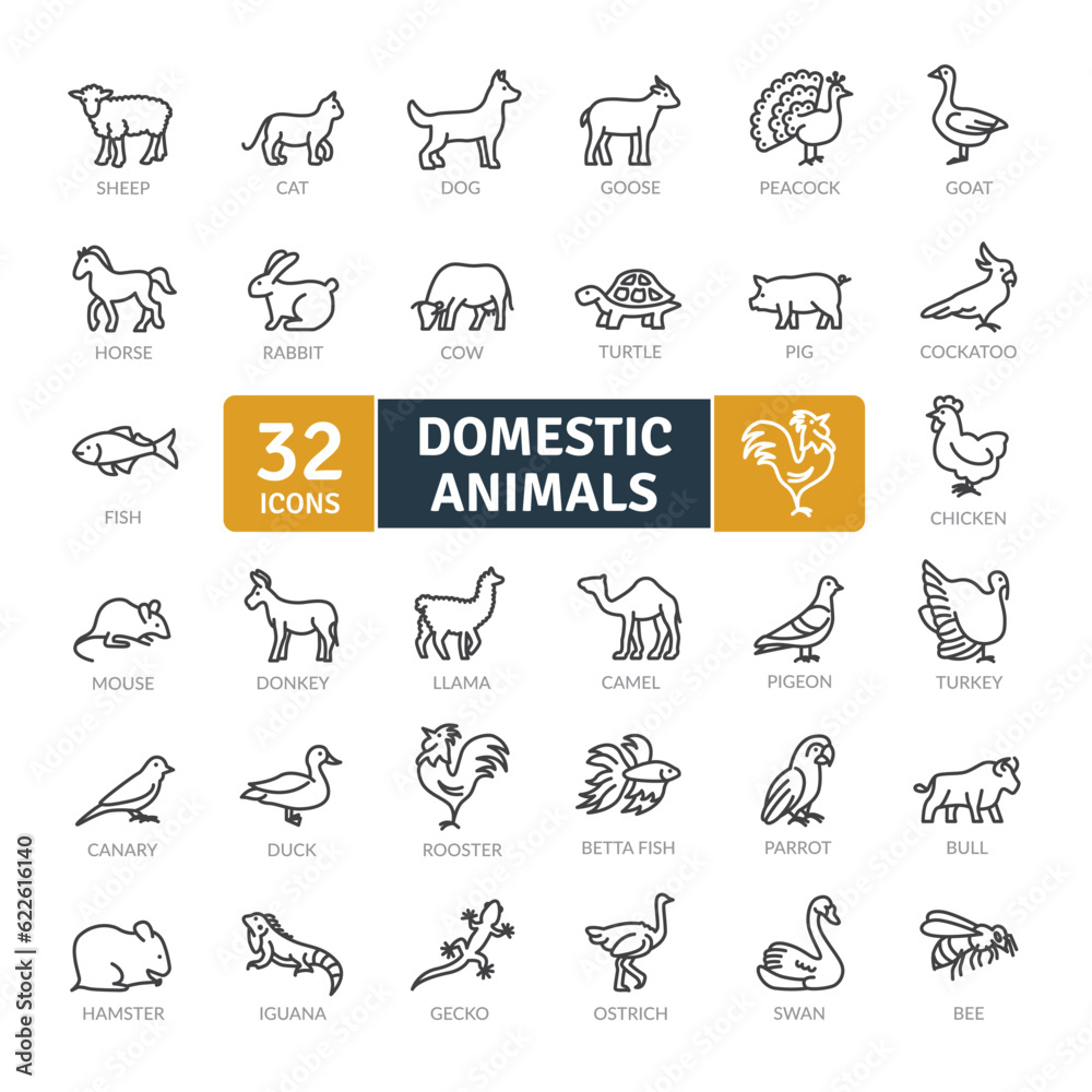  Domestic Animals Icons Pack. Thin line animal icons set. Simple vector icons
