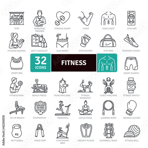  Fitness and welness icons Pack. Thin line icon collection. Outline web icon set
