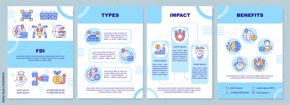 Foreign direct investment blue brochure template, leaflet design with linear icons, 4 vector layouts.