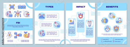Foreign direct investment blue brochure template, leaflet design with linear icons, 4 vector layouts.
