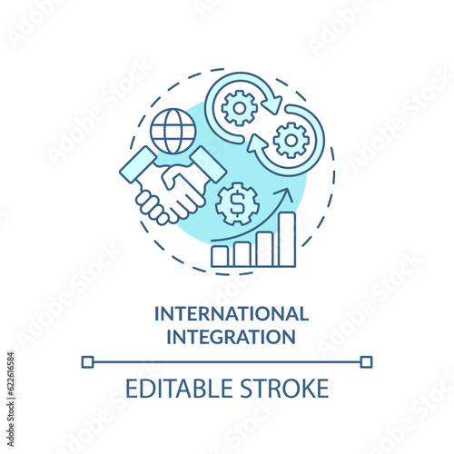 Editable international integration icon, isolated vector, foreign direct investment thin line illustration.