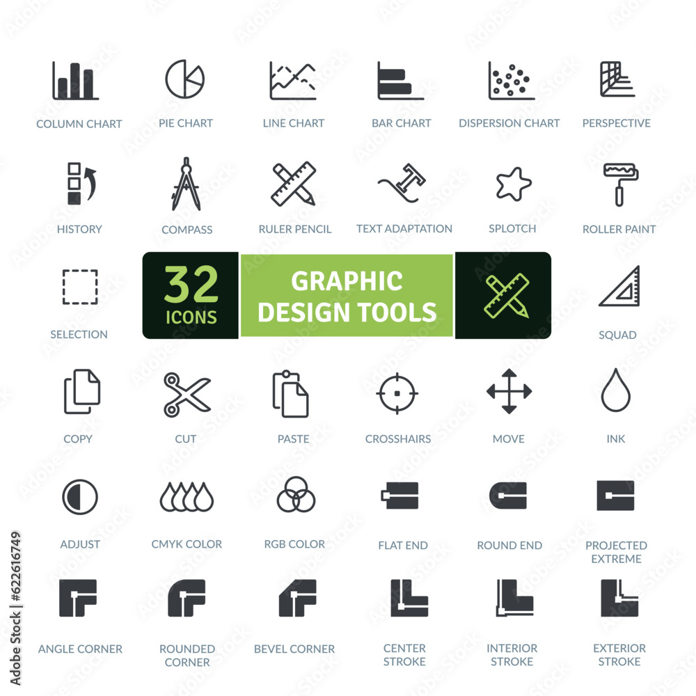 Icon pack of graphic design tools to express your digital creativity. Thin line icons set. Simple vector icons Icon pack of graphic design tools to express your digital creativity. Thin line icons set. Simple vector icons