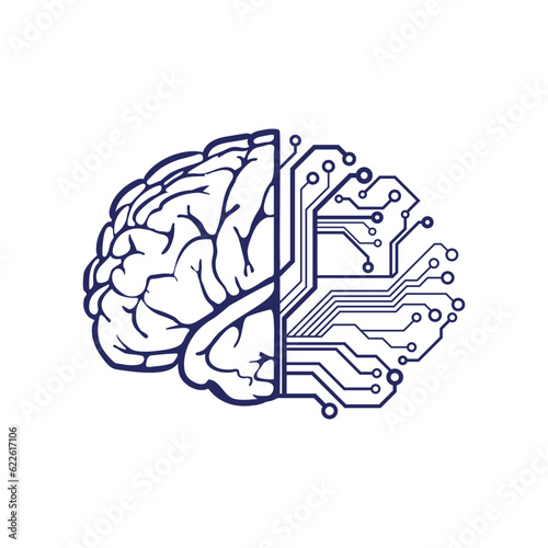 artificial intelligence, cyber brain, ai concept, science icon, vector illustration, dark blue isolated on white background