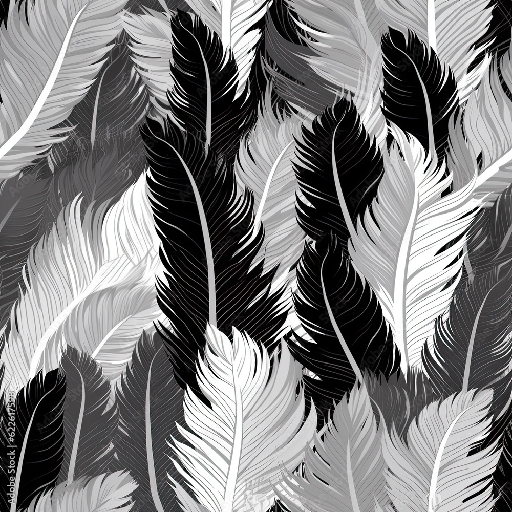 Fototapeta premium Elegant black and white abstract feathers seamless pattern. AI illustration..