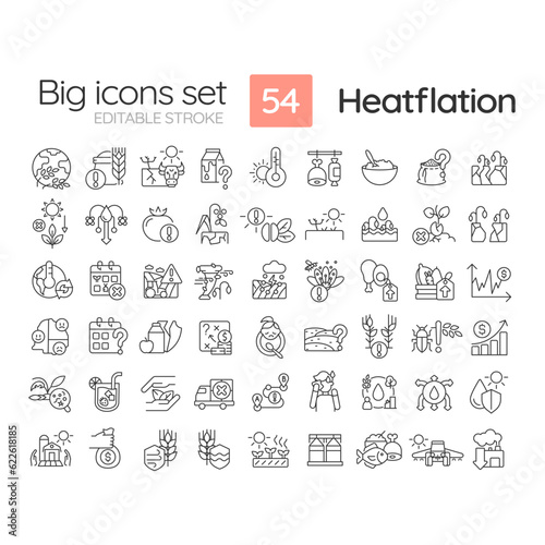 Customizable set of thin line big icons representing heatflation, isolated vector, global warming impact illustration.