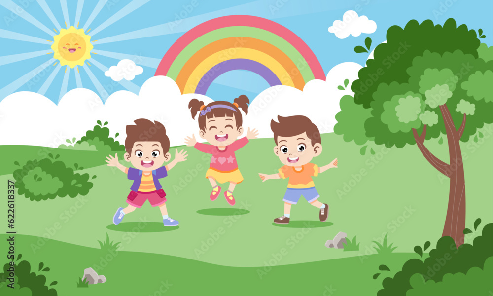 Vector kids jumping under rainbow colorful cartoon