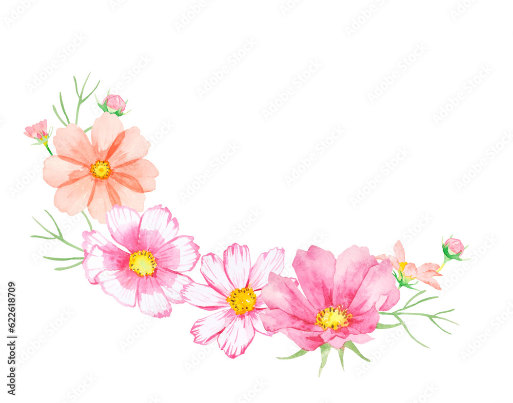 カラフルなコスモスの花の素材フレーム水彩イラスト カラフルなコスモスの花の素材フレーム水彩イラスト