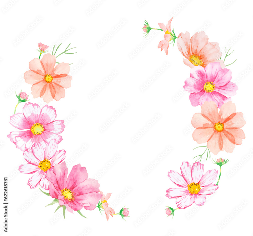 カラフルなコスモスの花のフレーム水彩イラスト