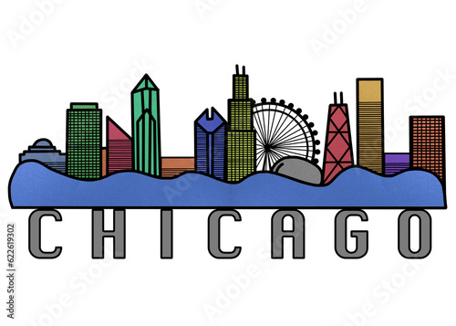 Chicago Skyline Colorful Horizontal Illustration, Line Art Silhouette of Chicago Illinois, USA Cityscape Drawing Banner