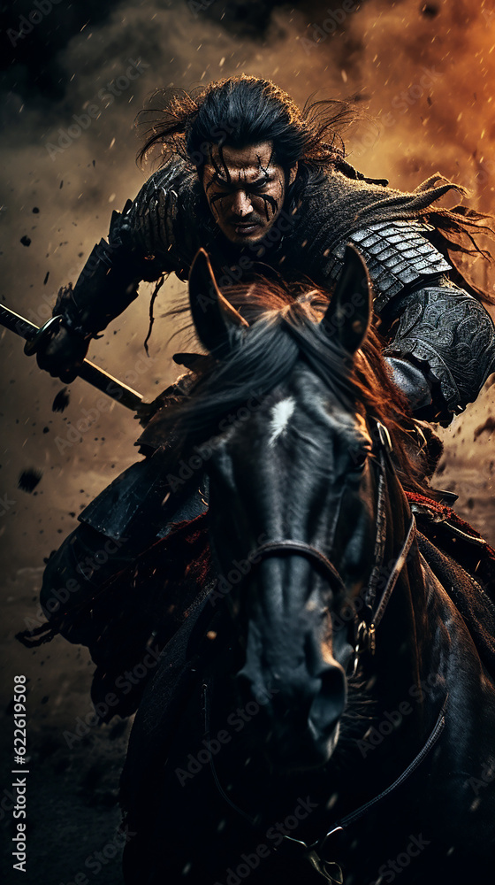 Ancient Samurai warrior riding on a horse into battle