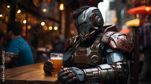 A robot in a bar sits and drinks beer Generative AI