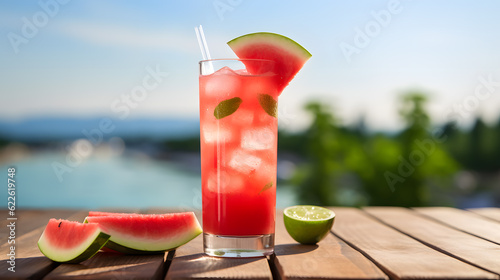 Refreshing summer drink with watermelon and ice in a glass on a wooden table on beach background