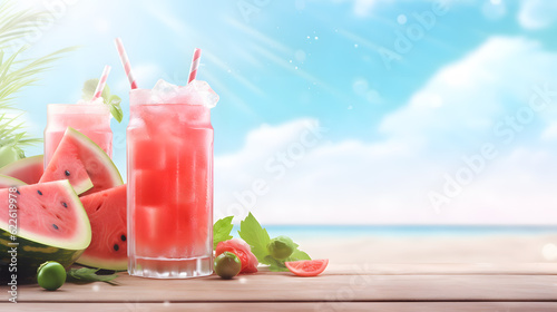 Refreshing summer drink with watermelon and ice in a glass on a wooden table on beach background