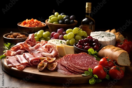 set of food on wooden plate, isolated black background
