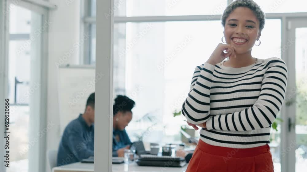 Creative woman, leadership and meeting in project management or confidence at the office. Portrait of happy female person, employee or manager smile for team collaboration or startup at the workplace Creative woman, leadership and meeting in project management or confidence at the office. Portrait of happy female person, employee or manager smile for team collaboration or startup at the workplace