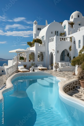 Exterior view of a luxurious, designer villa in Santorini, showcasing sleek architecture and an infinity pool