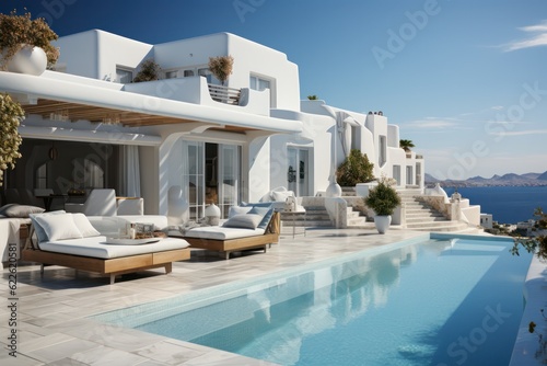 Exterior view of a luxurious, designer villa in Santorini, showcasing sleek architecture and an infinity pool © aboutmomentsimages